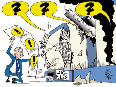 Colin Sailer - Karikatur "Log files help to find the cause of a machine breakage"